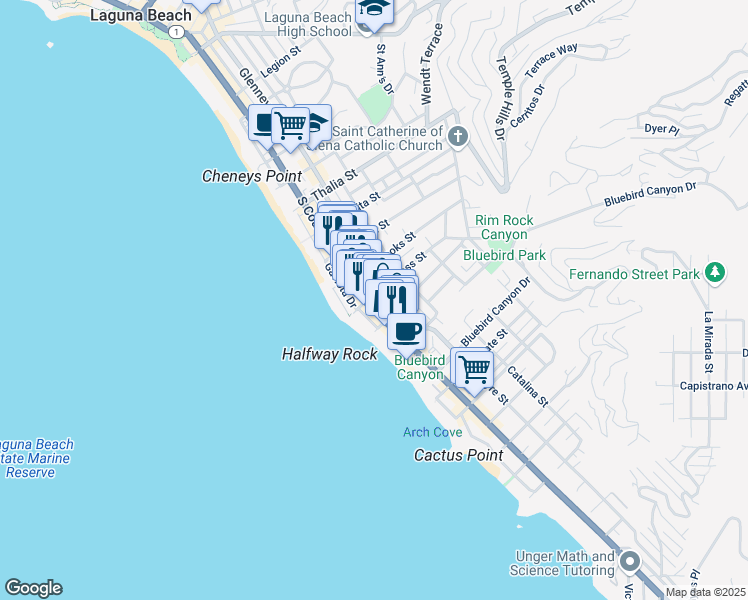 map of restaurants, bars, coffee shops, grocery stores, and more near 1316 South Coast Highway in Laguna Beach