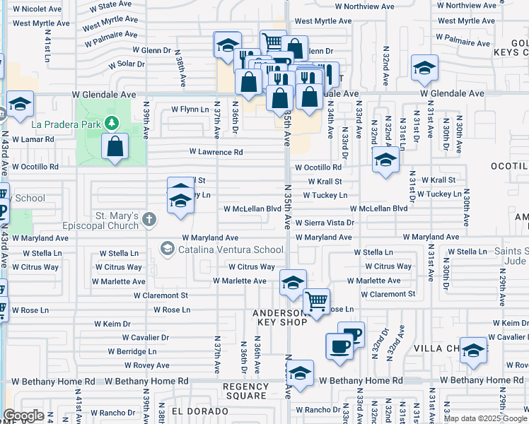 map of restaurants, bars, coffee shops, grocery stores, and more near 3519 West McLellan Boulevard in Phoenix