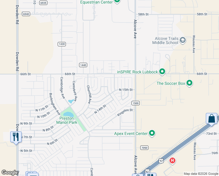 map of restaurants, bars, coffee shops, grocery stores, and more near 1507 Nottingham Avenue in Wolfforth