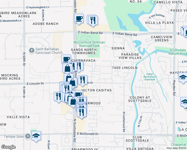 map of restaurants, bars, coffee shops, grocery stores, and more near 7340 East Sierra Vista Drive in Scottsdale
