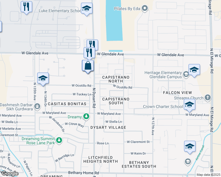 map of restaurants, bars, coffee shops, grocery stores, and more near 12942 West Krall Court in Glendale