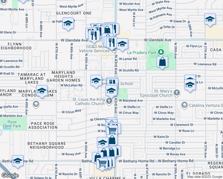 map of restaurants, bars, coffee shops, grocery stores, and more near 6542 North 43rd Avenue in Glendale