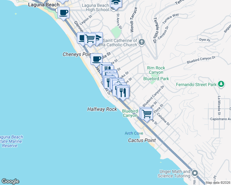 map of restaurants, bars, coffee shops, grocery stores, and more near 1316 South Coast Highway in Laguna Beach