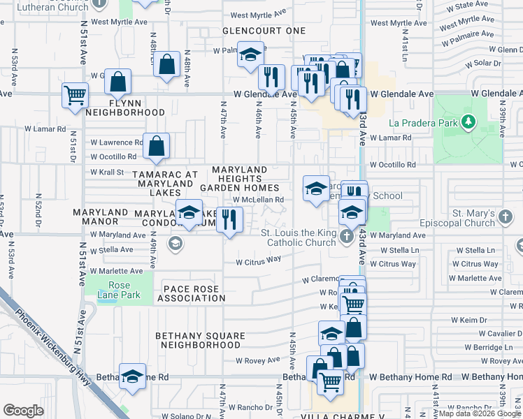 map of restaurants, bars, coffee shops, grocery stores, and more near 4571 West McLellan Road in Glendale
