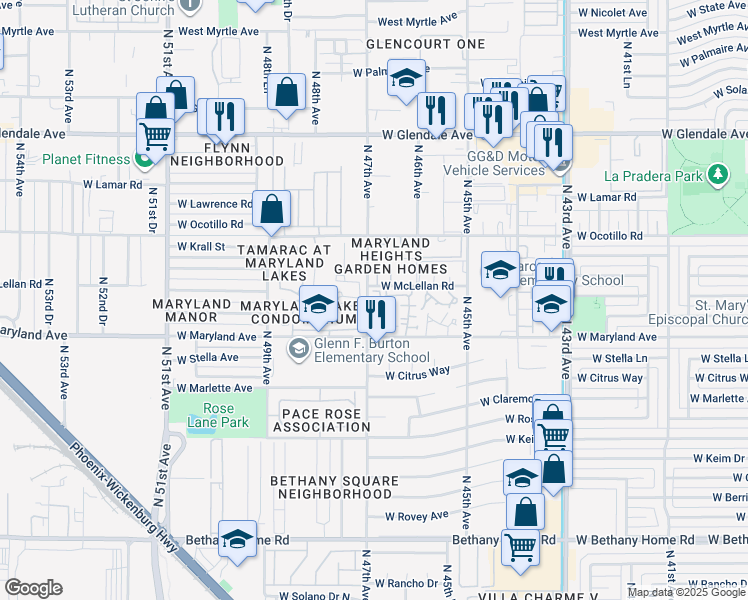 map of restaurants, bars, coffee shops, grocery stores, and more near 4608 West Maryland Avenue in Glendale