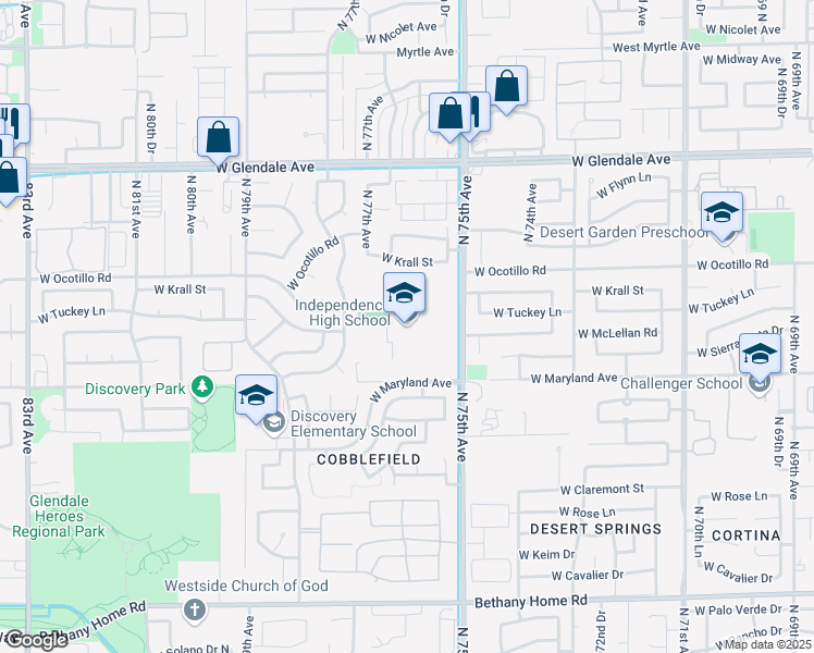 map of restaurants, bars, coffee shops, grocery stores, and more near 6602 North 75th Avenue in Glendale