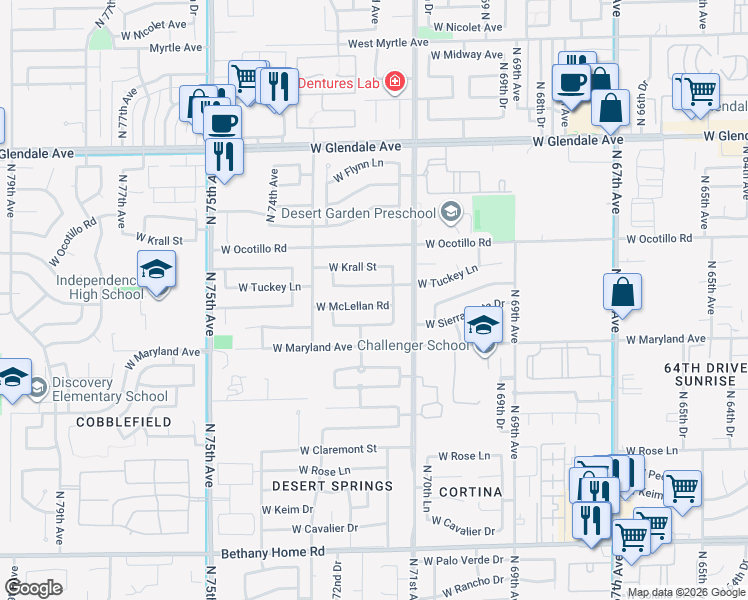 map of restaurants, bars, coffee shops, grocery stores, and more near 7130 West McLellan Road in Glendale