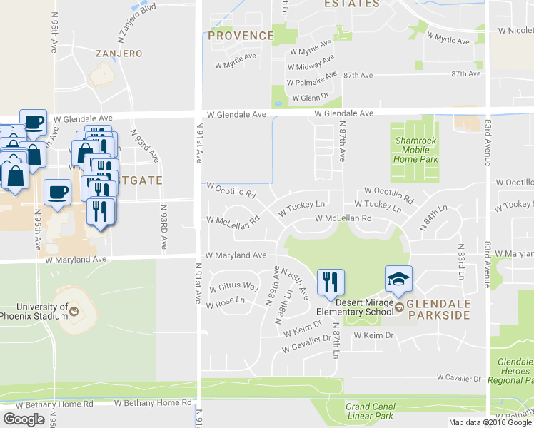 map of restaurants, bars, coffee shops, grocery stores, and more near 8903 West McLellan Road in Glendale