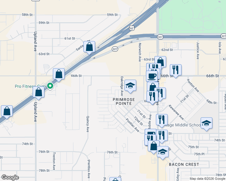 map of restaurants, bars, coffee shops, grocery stores, and more near 6816 67th Street in Lubbock