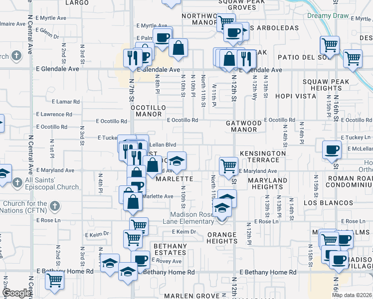 map of restaurants, bars, coffee shops, grocery stores, and more near 6535 North 10th Street in Phoenix