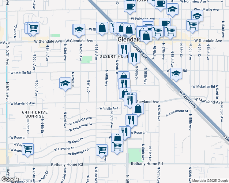 map of restaurants, bars, coffee shops, grocery stores, and more near 6532 North 59th Drive in Glendale