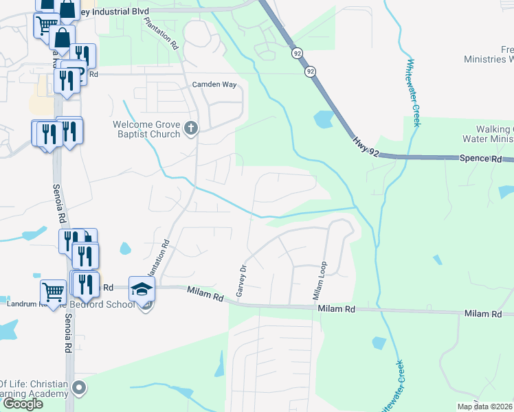 map of restaurants, bars, coffee shops, grocery stores, and more near 6000 Autumn Green Drive in Fairburn