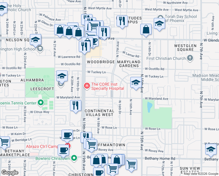 map of restaurants, bars, coffee shops, grocery stores, and more near 1802 West Maryland Avenue in Phoenix