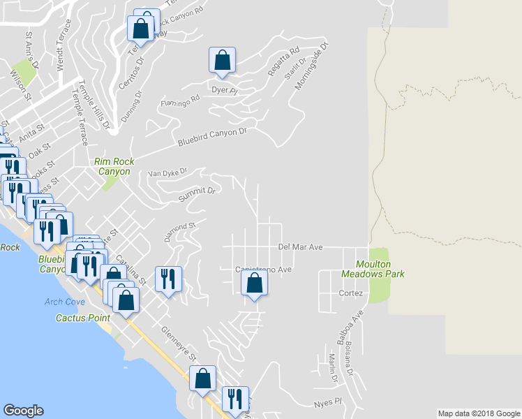 map of restaurants, bars, coffee shops, grocery stores, and more near 1264 La Mirada Street in Laguna Beach