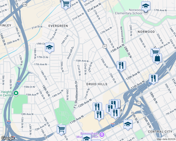 map of restaurants, bars, coffee shops, grocery stores, and more near 1420 23rd Street North in Birmingham