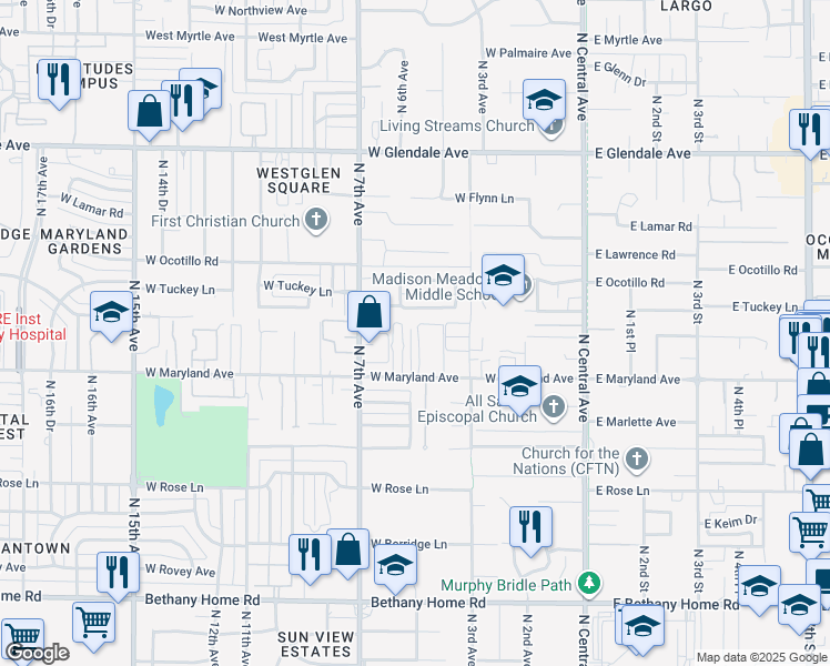 map of restaurants, bars, coffee shops, grocery stores, and more near 6547 North 5th Avenue in Phoenix