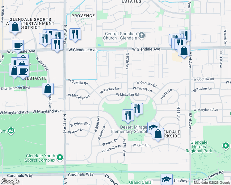 map of restaurants, bars, coffee shops, grocery stores, and more near 8730 West McLellan Road in Glendale