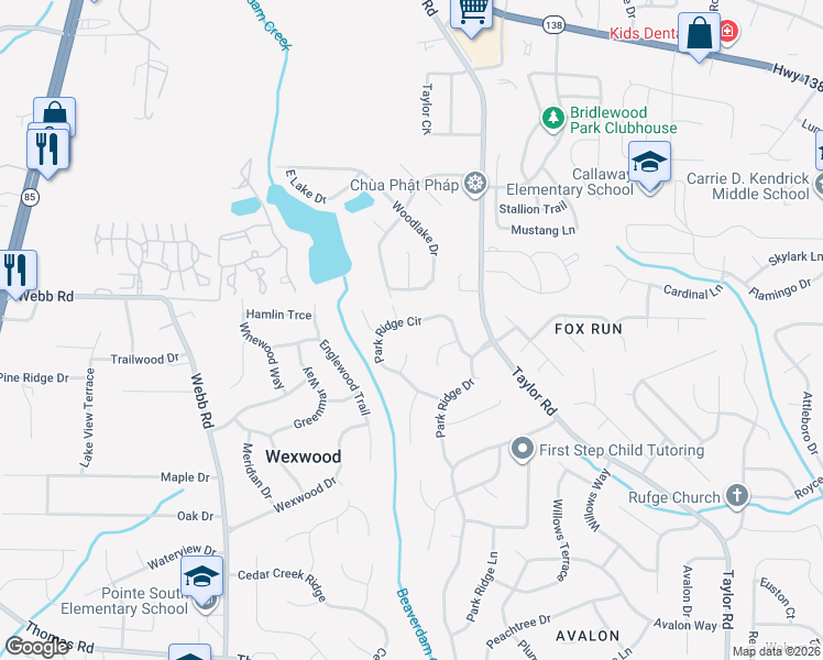 map of restaurants, bars, coffee shops, grocery stores, and more near 390 Park Ridge Circle in Riverdale