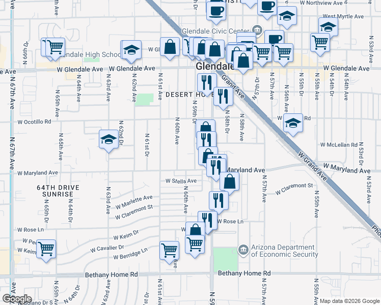 map of restaurants, bars, coffee shops, grocery stores, and more near 6532 North 59th Drive in Glendale