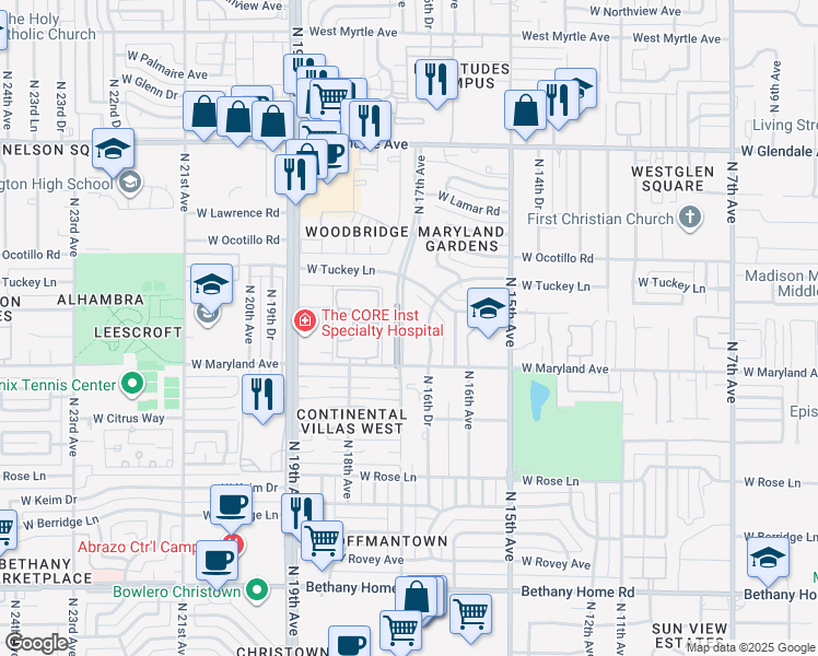 map of restaurants, bars, coffee shops, grocery stores, and more near 6535 North 17th Avenue in Phoenix
