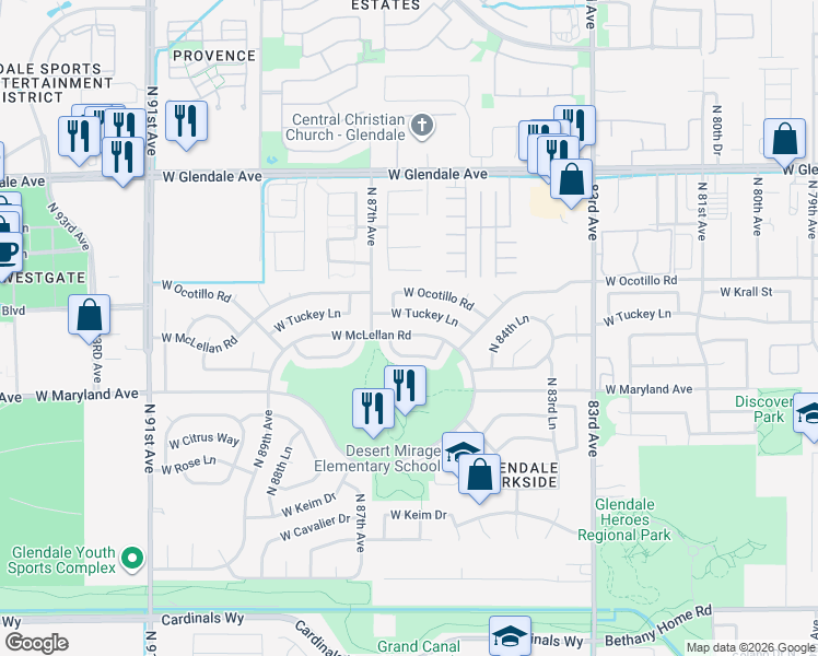 map of restaurants, bars, coffee shops, grocery stores, and more near 8552 West McLellan Road in Glendale