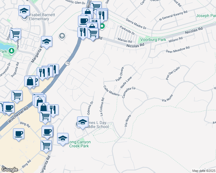 map of restaurants, bars, coffee shops, grocery stores, and more near 40498 Calle Madero in Temecula