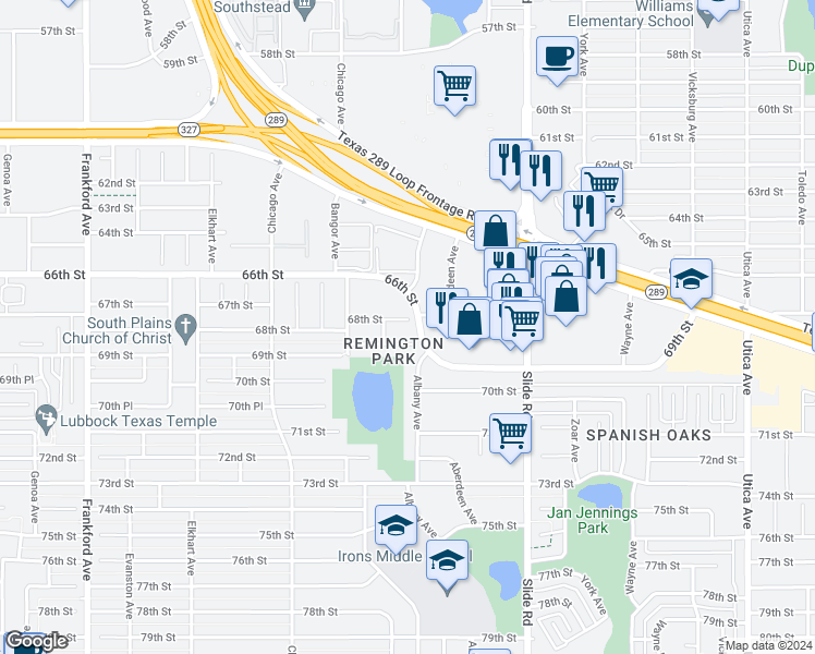 map of restaurants, bars, coffee shops, grocery stores, and more near 5303 68th Street in Lubbock