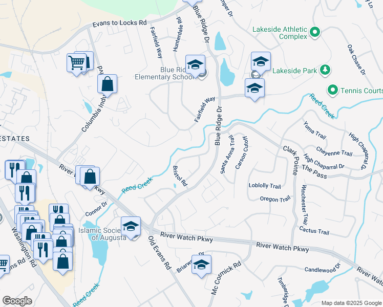 map of restaurants, bars, coffee shops, grocery stores, and more near 434 Bristol Road in Martinez