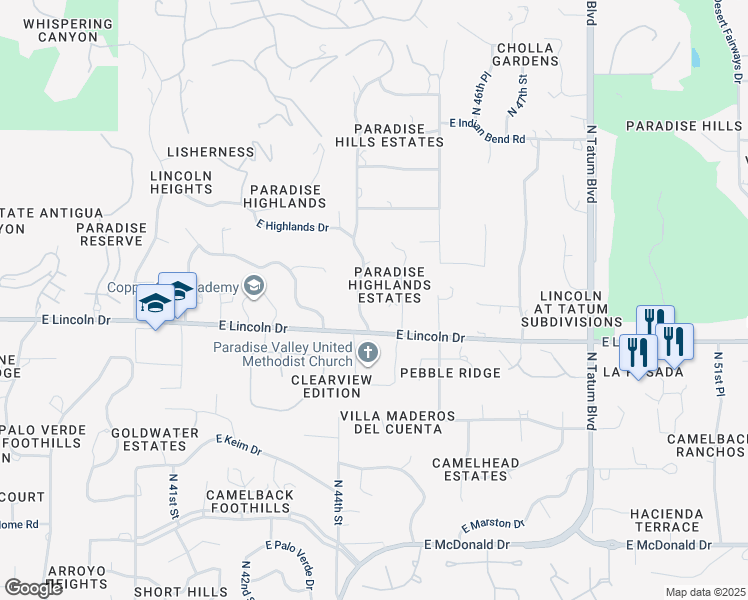 map of restaurants, bars, coffee shops, grocery stores, and more near 6535 North Hillside Drive in Paradise Valley
