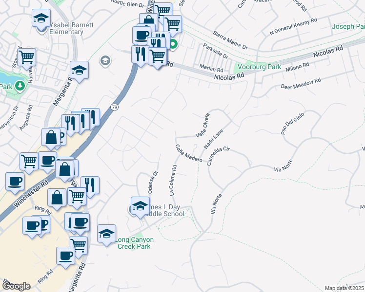 map of restaurants, bars, coffee shops, grocery stores, and more near 40498 Calle Madero in Temecula