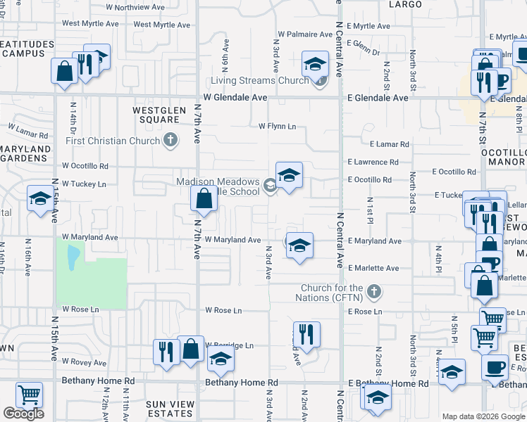 map of restaurants, bars, coffee shops, grocery stores, and more near 308 West Herro Lane in Phoenix
