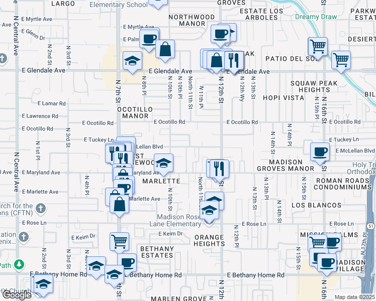 map of restaurants, bars, coffee shops, grocery stores, and more near 6533 North 10th Place in Phoenix