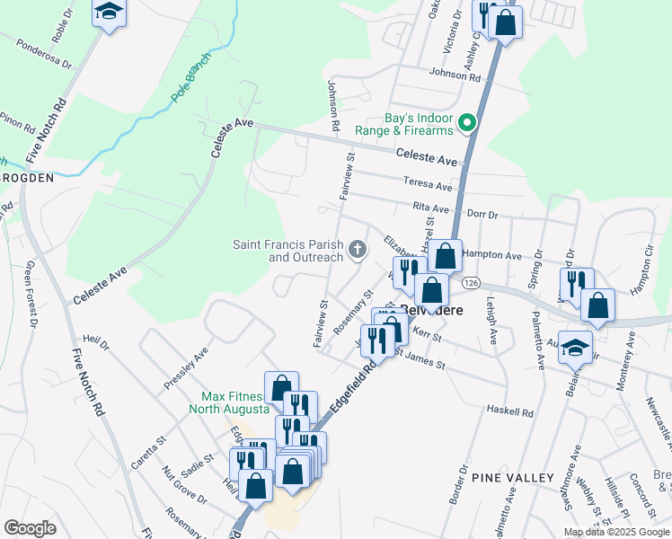 map of restaurants, bars, coffee shops, grocery stores, and more near 209 Fairview Street in North Augusta