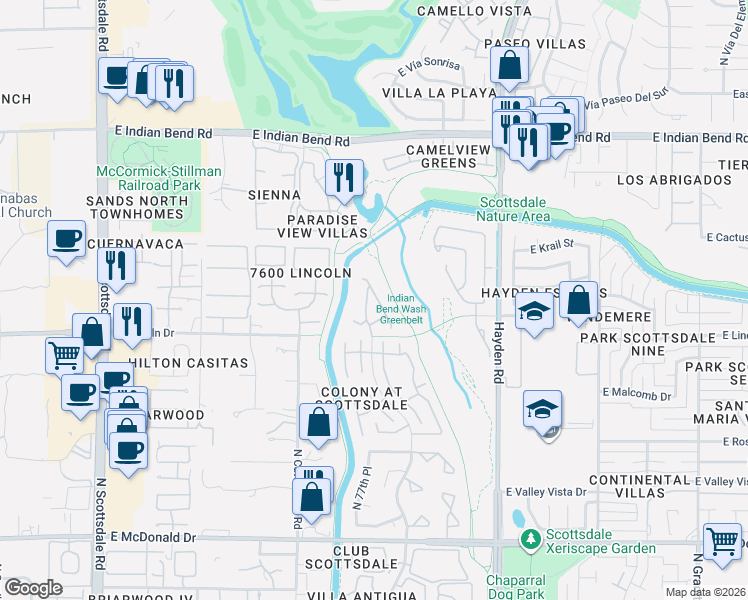 map of restaurants, bars, coffee shops, grocery stores, and more near 7800 East Lincoln Drive in Scottsdale