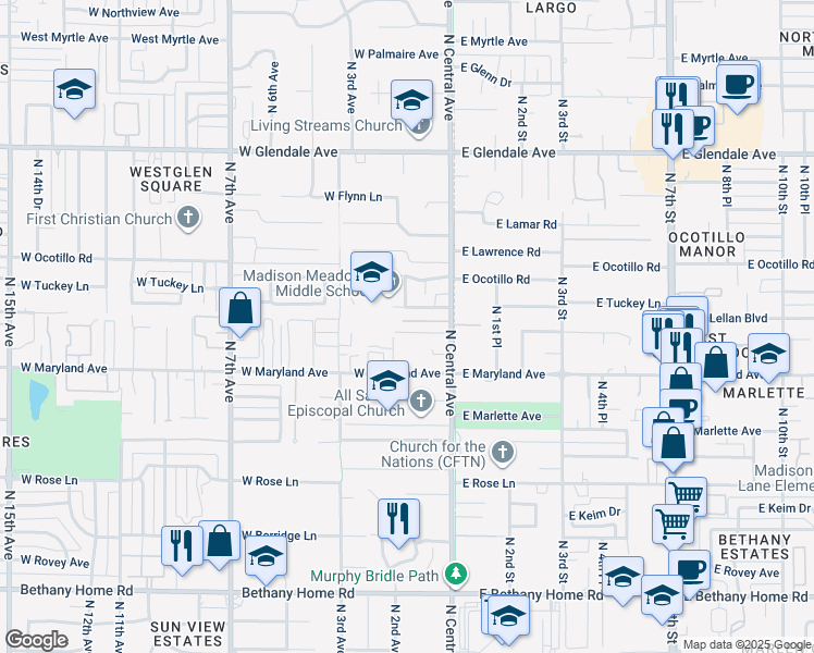 map of restaurants, bars, coffee shops, grocery stores, and more near 37 West Sierra Vista Drive in Phoenix