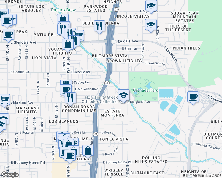 map of restaurants, bars, coffee shops, grocery stores, and more near 1850 East Maryland Avenue in Phoenix