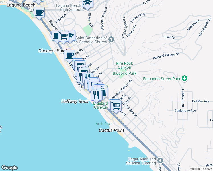 map of restaurants, bars, coffee shops, grocery stores, and more near 429 Shadow Lane in Laguna Beach