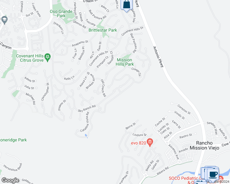 map of restaurants, bars, coffee shops, grocery stores, and more near 30 Sky Ranch Road in Ladera Ranch