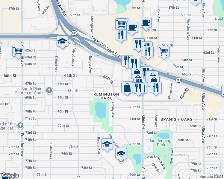 map of restaurants, bars, coffee shops, grocery stores, and more near 5301 68th Street in Lubbock