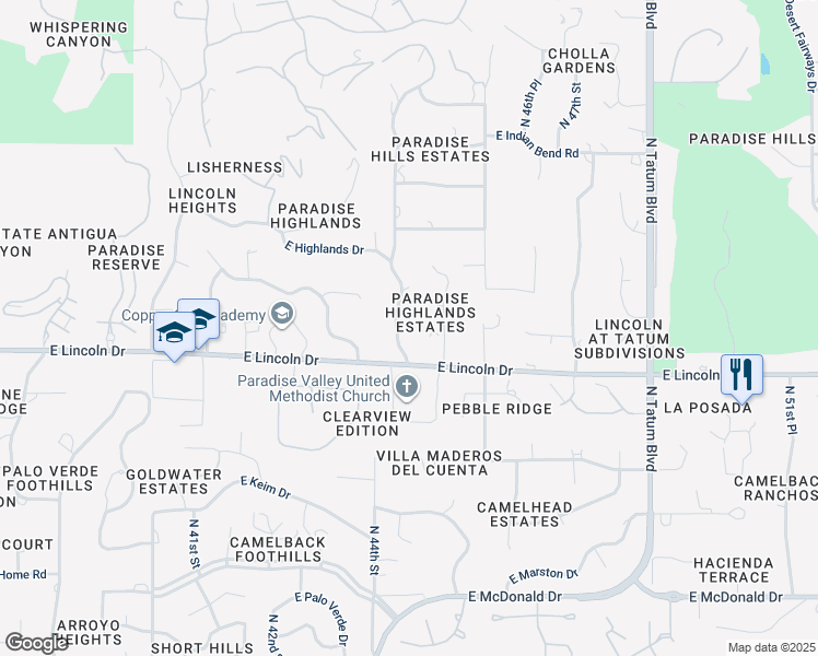 map of restaurants, bars, coffee shops, grocery stores, and more near 6535 North Hillside Drive in Paradise Valley