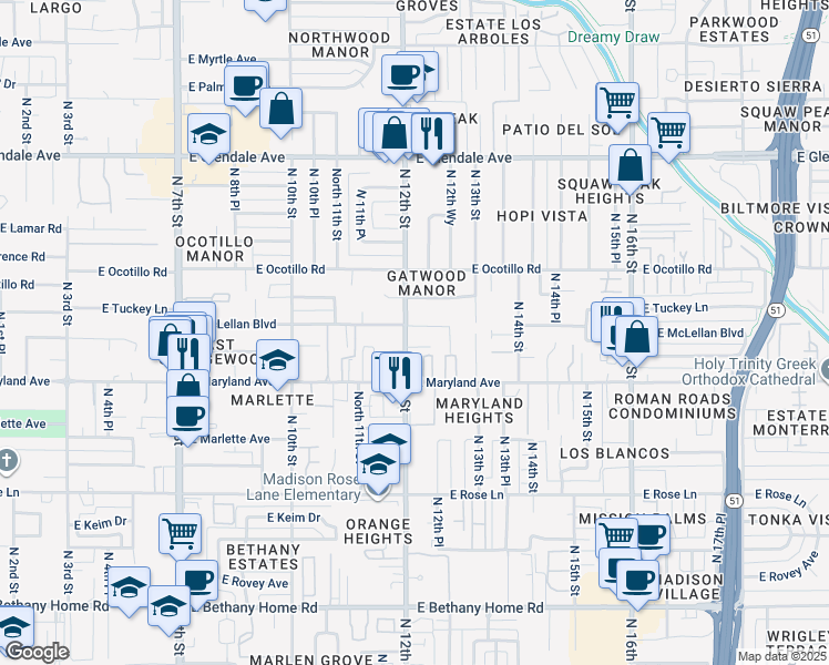 map of restaurants, bars, coffee shops, grocery stores, and more near 6541 North 12th Street in Phoenix