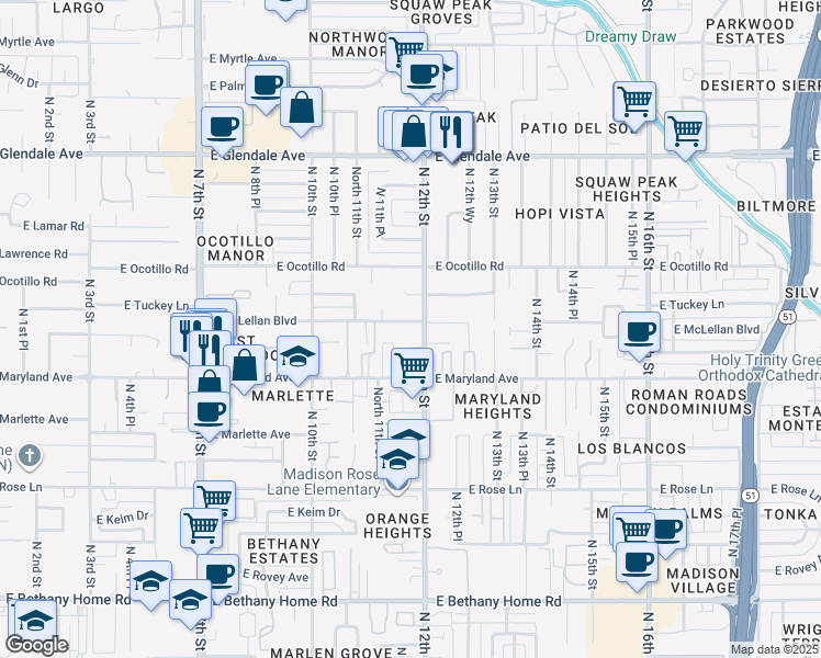 map of restaurants, bars, coffee shops, grocery stores, and more near 1115 East McLellan Boulevard in Phoenix