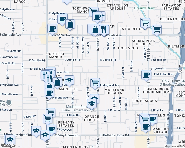 map of restaurants, bars, coffee shops, grocery stores, and more near 1115 East McLellan Boulevard in Phoenix