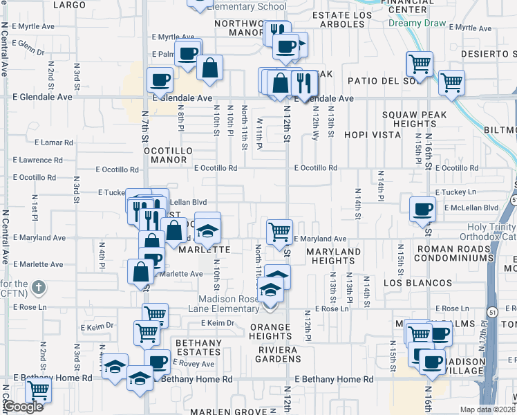 map of restaurants, bars, coffee shops, grocery stores, and more near 1115 East McLellan Boulevard in Phoenix