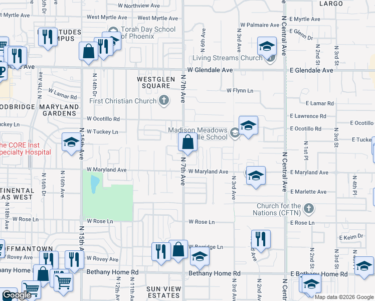 map of restaurants, bars, coffee shops, grocery stores, and more near 6543 North 7th Avenue in Phoenix