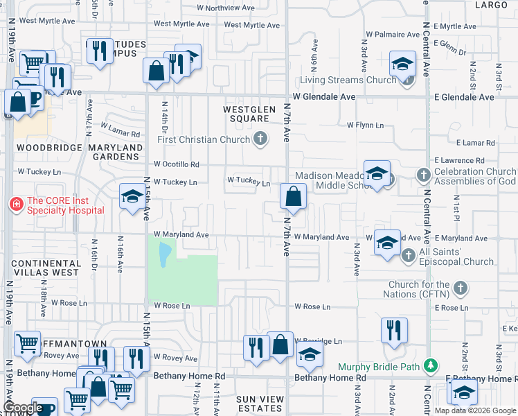 map of restaurants, bars, coffee shops, grocery stores, and more near 6533 North 10th Avenue in Phoenix