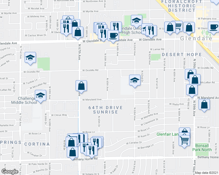 map of restaurants, bars, coffee shops, grocery stores, and more near 6533 North 65th Avenue in Glendale