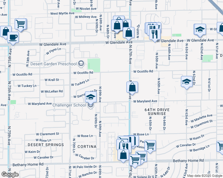 map of restaurants, bars, coffee shops, grocery stores, and more near 6504 N 67th Ave in Glendale