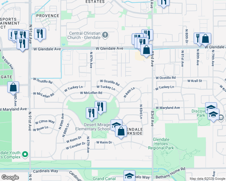map of restaurants, bars, coffee shops, grocery stores, and more near 8522 West McLellan Road in Glendale