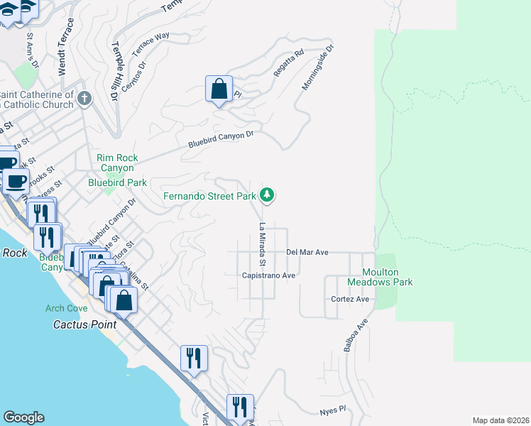 map of restaurants, bars, coffee shops, grocery stores, and more near 1264 La Mirada Street in Laguna Beach